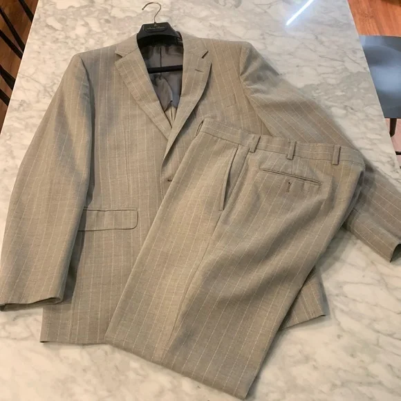 Brooks brother beige pinstripe wool suit, 40L blazer, 34” waist pant - Picture 1 of 11